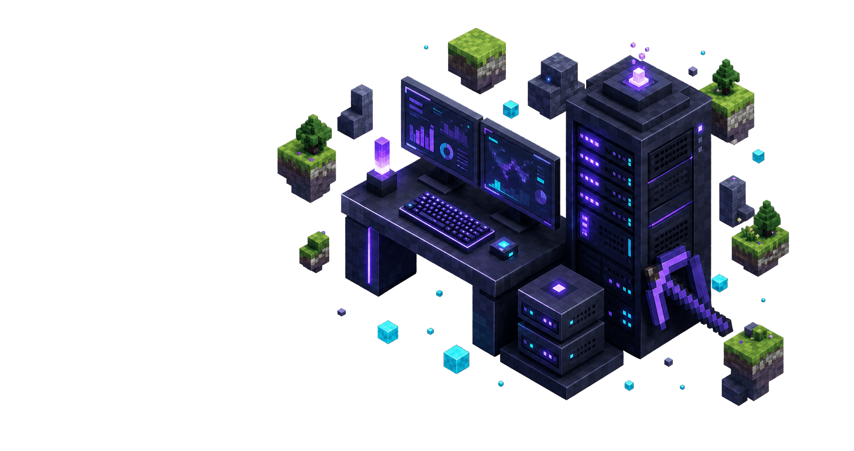 A voxel-style Minecraft hosting workstation with server racks and live control screens